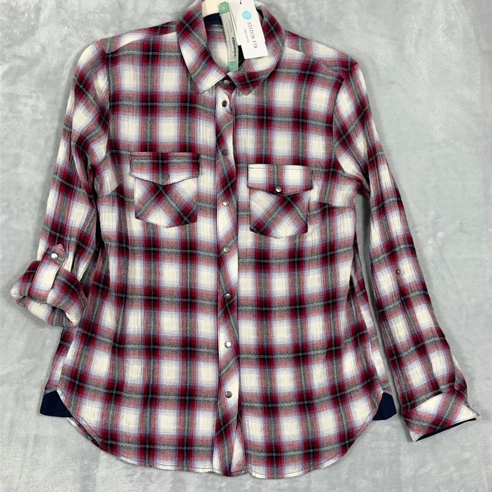 KUT from the Kloth Womens Shirt S Petite Red Plaid Snap Front Roll Tab NWT Rodeo